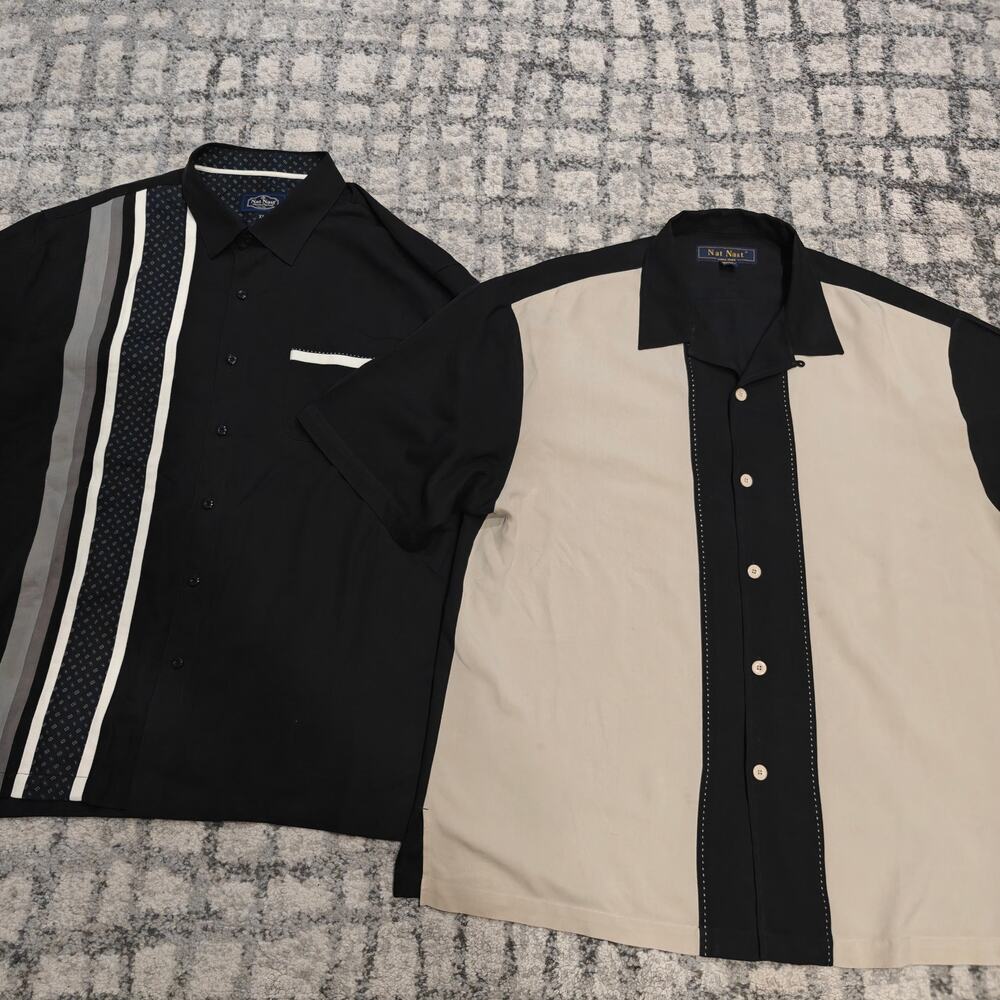 Lot of 2 Nat Nast Silk Bowling Shirts Mens XL Camp Collar Black Tan Rockabilly